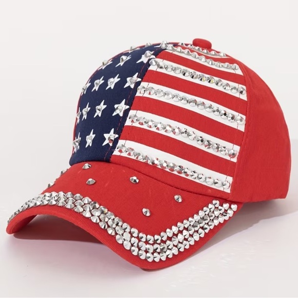 Accessories - Red -Embellished American Flag Baseball Cap